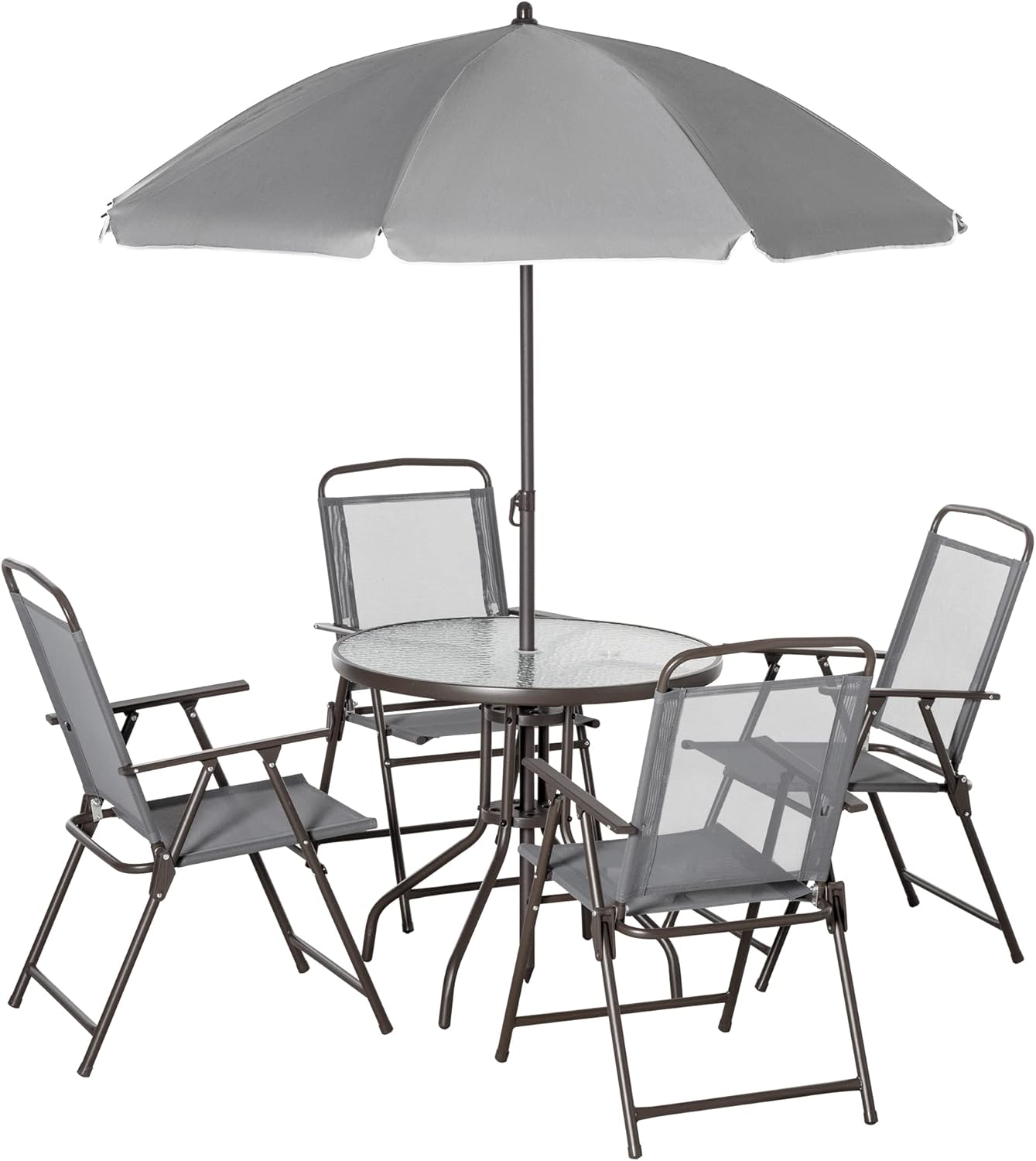 Outsunny - Juego de comedor de 6 piezas para 4 con paraguas, mesa y sillas al aire última intervensión con 4 sillas de comedor plegables y mesa redonda de vidrio para jardín, patio trasero y piscina