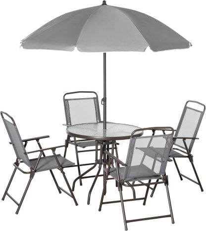 Outsunny - Juego de comedor de 6 piezas para 4 con paraguas, mesa y sillas al aire última intervensión con 4 sillas de comedor plegables y mesa redonda de vidrio para jardín, patio trasero y piscina