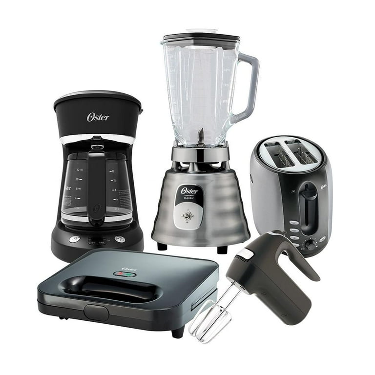 Combo Oster 5 Elementos con Licuadora Clásica, Cafetera Programable, Batidora de Mano, Tostador y Sandwichera