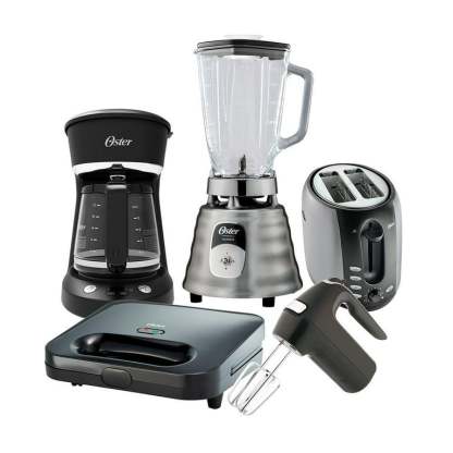 Combo Oster 5 Elementos con Licuadora Clásica, Cafetera Programable, Batidora de Mano, Tostador y Sandwichera