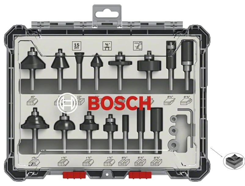 Bosch Standard Juego de fresas mixto vástago de 1/4" 15 pzs