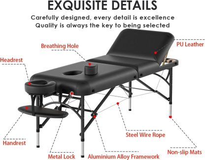 CLORIS - Mesa de masaje profesional de 84 pulgadas, portátil, 2 plegables, ligera, para spa, cama de tatuaje, altura ajustable con bolsa de transporte y pierna de aluminio que soporta hasta 1000