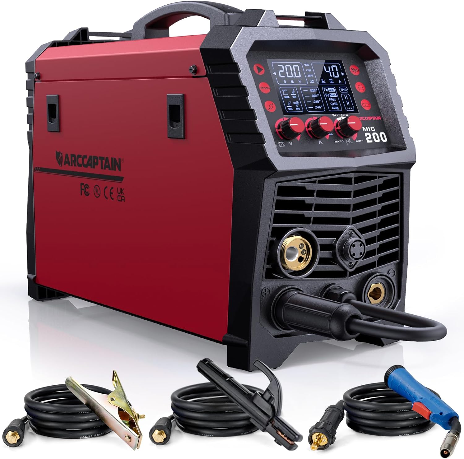 ARCCAPTAIN MIG Soldador, 200 amperios 6 en 1 gas MIG/núcleo de flujo sin gas MIG/Stick/Lift TIG/soldadura por punto/pistola de carrete 110 V/220 V de aluminio multiproceso máquina de soldadura con