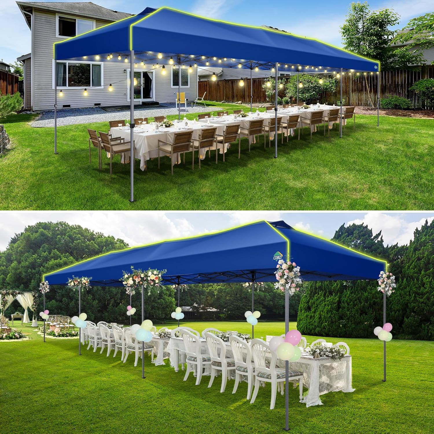 COBIZI - Tienda de campaña desplegable de 10 x 20 Pulgadas, Tienda de campaña instantánea Comercial para Bodas, Fiestas con 3 Altura Ajustable, toldo Ez Up para Exteriores, Impermeable, UPF50+ con