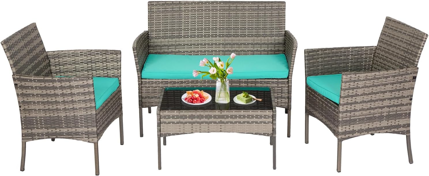FDW - Juego de 4 muebles para exteriores, juego de conversación de mimbre con silla de ratán, mesa de centro para exteriores, interiores, jardín, patio, porche, terraza, balcón, cojines de mimbre