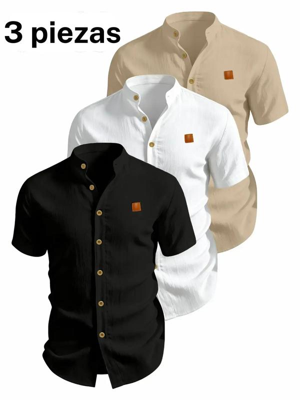 【Plus Size】3pcs Men's Plus Size Summer Short Sleeve Shirts, Lightweight Breathable Solid Color Button-Up Casual Tops with Stand Collar, Casual Attire, Low-Cut Neckline Shirts for Beach, Pool Parties and Vacation (Runs Small, One Size Up Recommended)