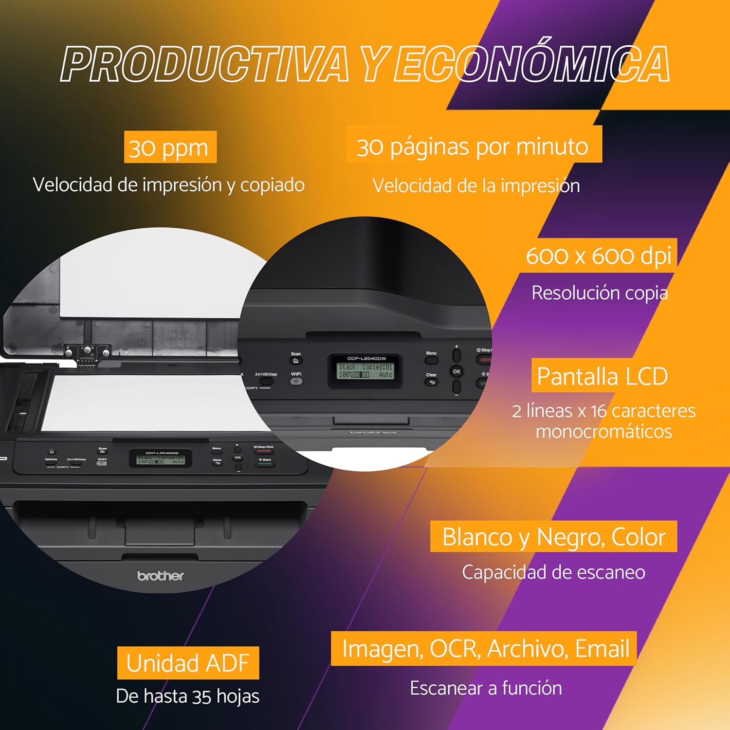 Brother Impresora Multifuncional Láser 3 en 1, DCPL2540DW| Impresión, Copiado y Escaneado| Multifunción, Impresión Dúplex, Conectividad Inalámbrica| Imprime 30 Págs. por Minuto