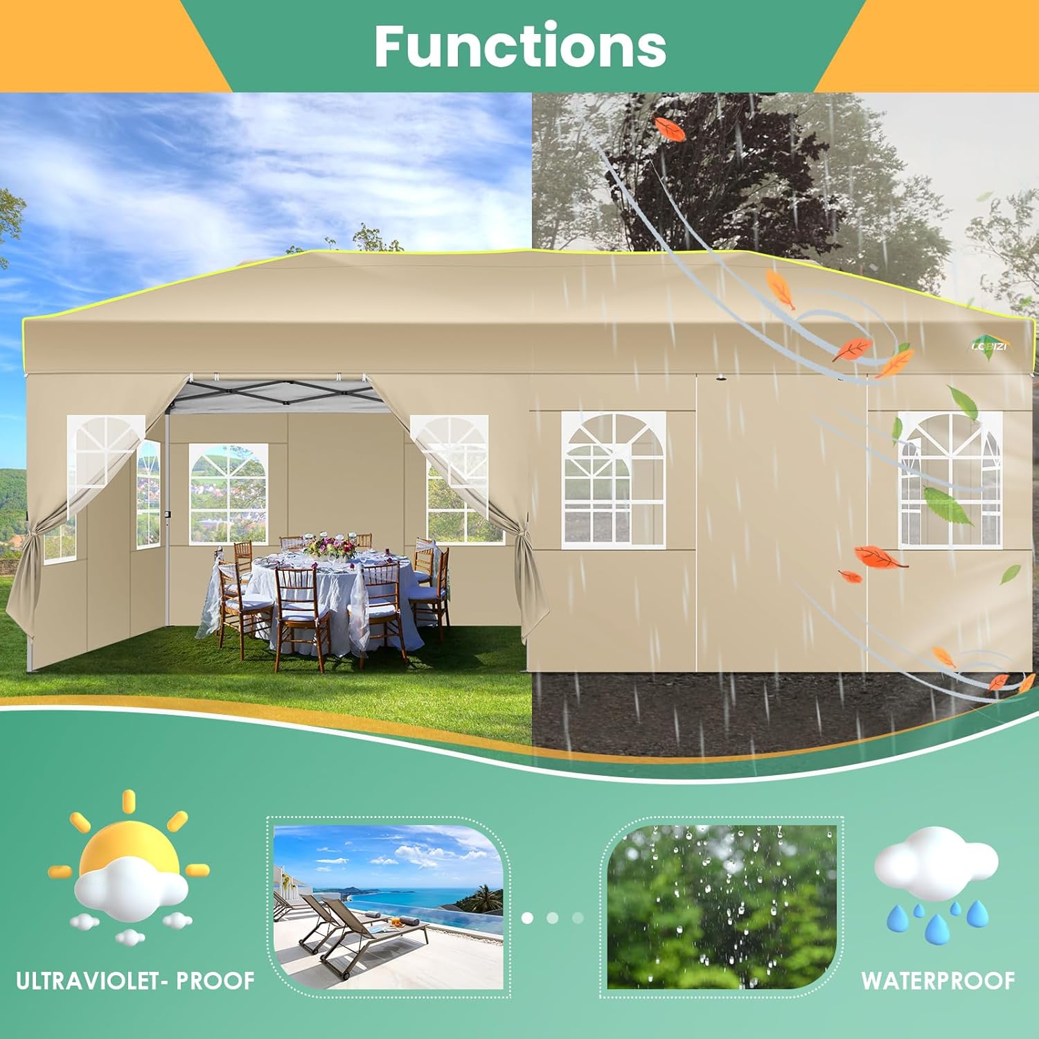 COBIZI - Tienda de campaña desplegable de 10 x 20 Pulgadas, Tienda de campaña instantánea Comercial para Bodas, Fiestas con 3 Altura Ajustable, toldo Ez Up para Exteriores, Impermeable, UPF50+ con