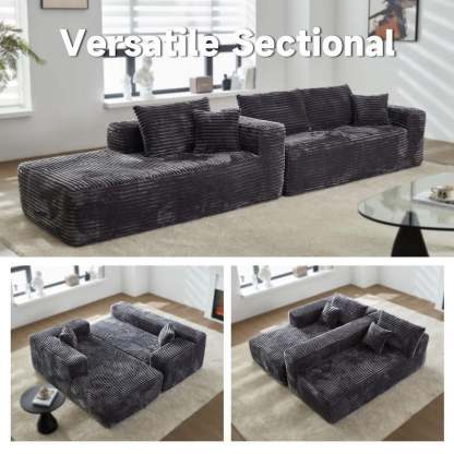 【2 Packages Shipping】Ovios 104" Plush Corduroy Cloud Velvet Modular Couch with Chaise, No Assembly Required - L-Shaped Sectional Sofa Set with Flexible Configuration - 104"W x 67.7"D x 30"H, 3 Seater