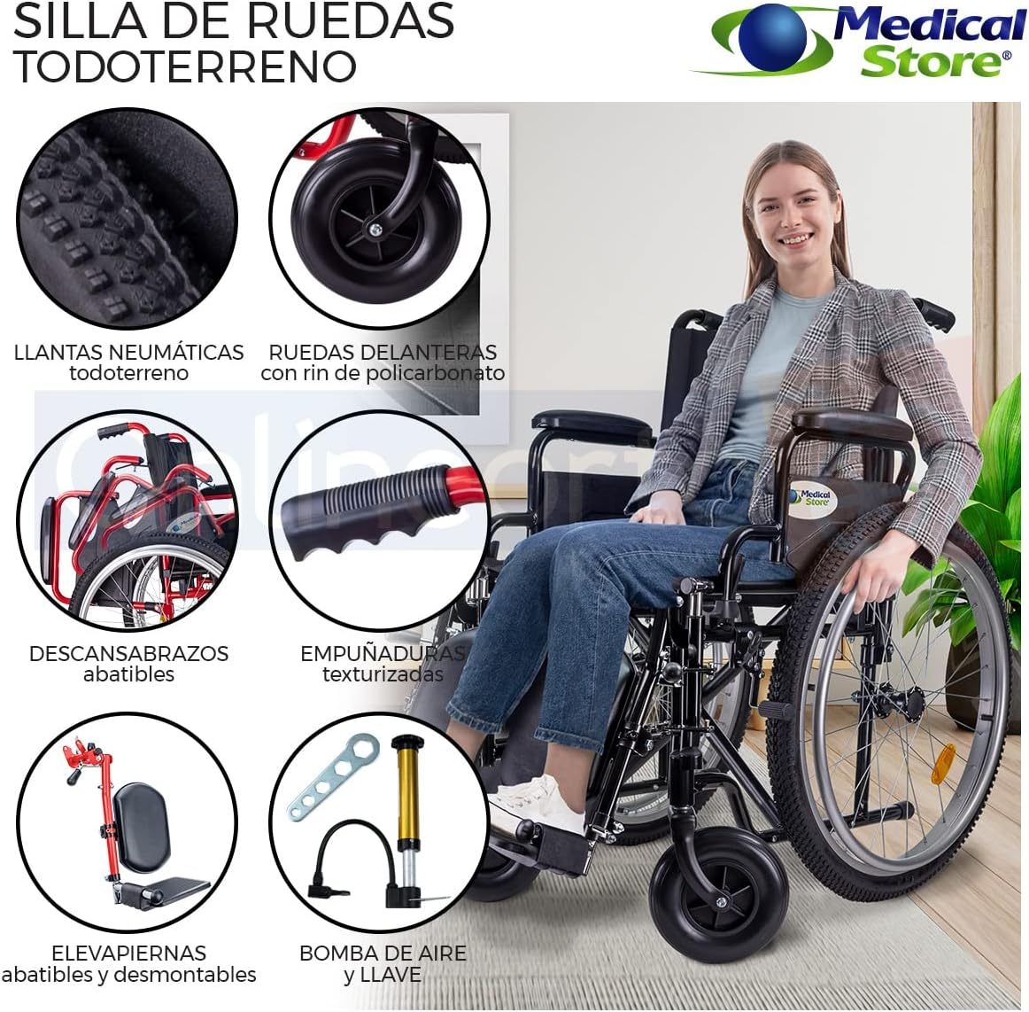 Medical Store Silla de Ruedas TODO TERRENO de Lujo, Modelo 101, Acero Resistente, Con Eleva piernas Desmontables y Descansabrazos Abatibles Color Rojo.…