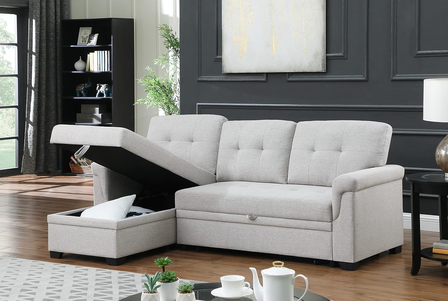 Lilola Home Lucca - Sofá seccional Reversible de Lino Gris Claro con diván de Almacenamiento