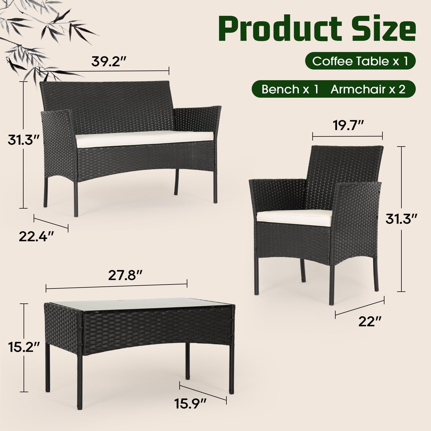 FDW - Juego de 4 muebles para exteriores, juego de conversación de mimbre con silla de ratán, mesa de centro para exteriores, interiores, jardín, patio, porche, terraza, balcón, cojines de mimbre
