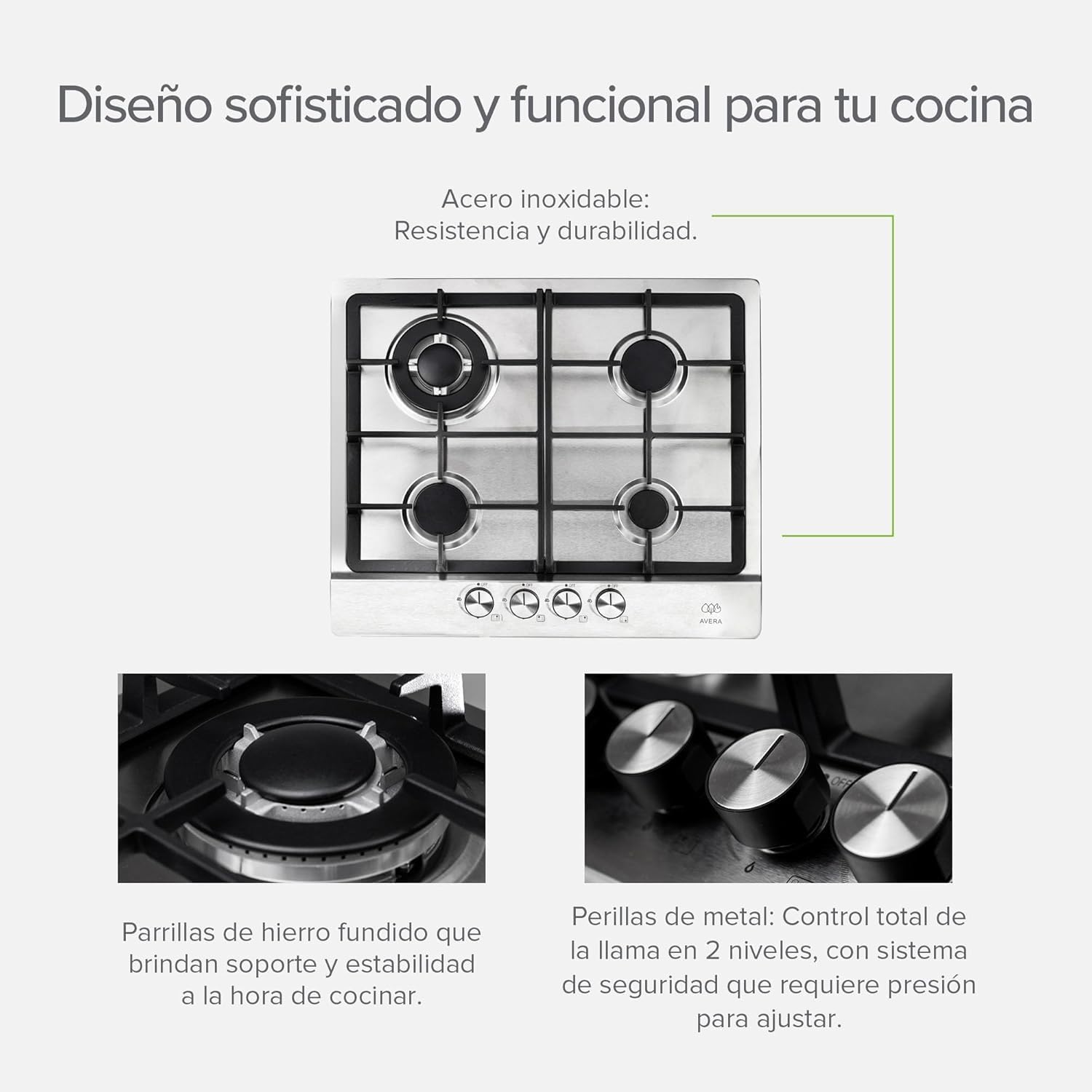 AVERA Combo Parrilla de Gas 4 Quemadores + Campana de Pared 60cm | Acero Inoxidable, Encendido Electrónico, Filtros Lavables y de Carbón, Iluminación LED, Succión de 3 Velocidades | AI4 + CEA60