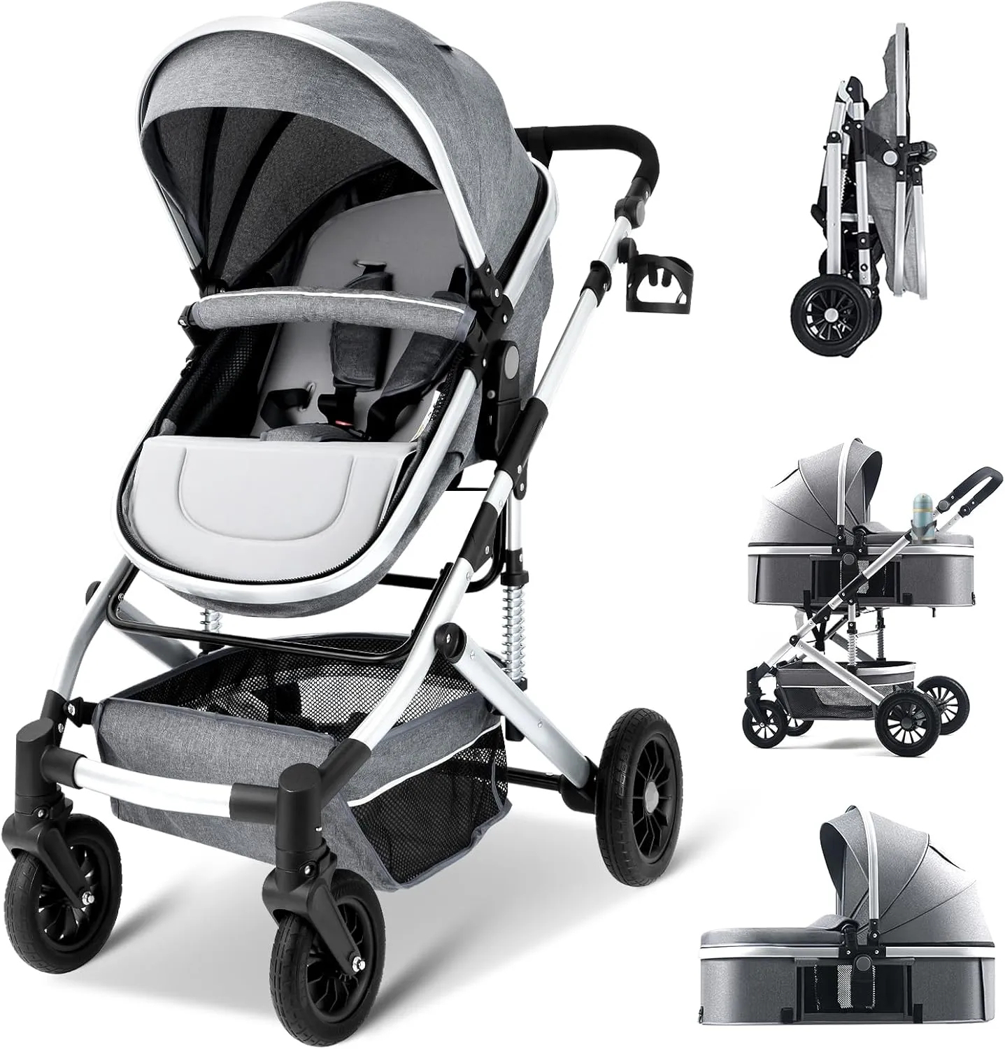 NOVANGUA Carriola para Bebé con Diseño de Amplia Vista, Llantas de Caucho a Prueba de Explosiones, Sistema de Amortiguadores Atenuantes, Asiento con Dirección Ajustable, Reclinable Multi Posición, Toldo Protector Solar, Ventana de Ventilación, Estructura