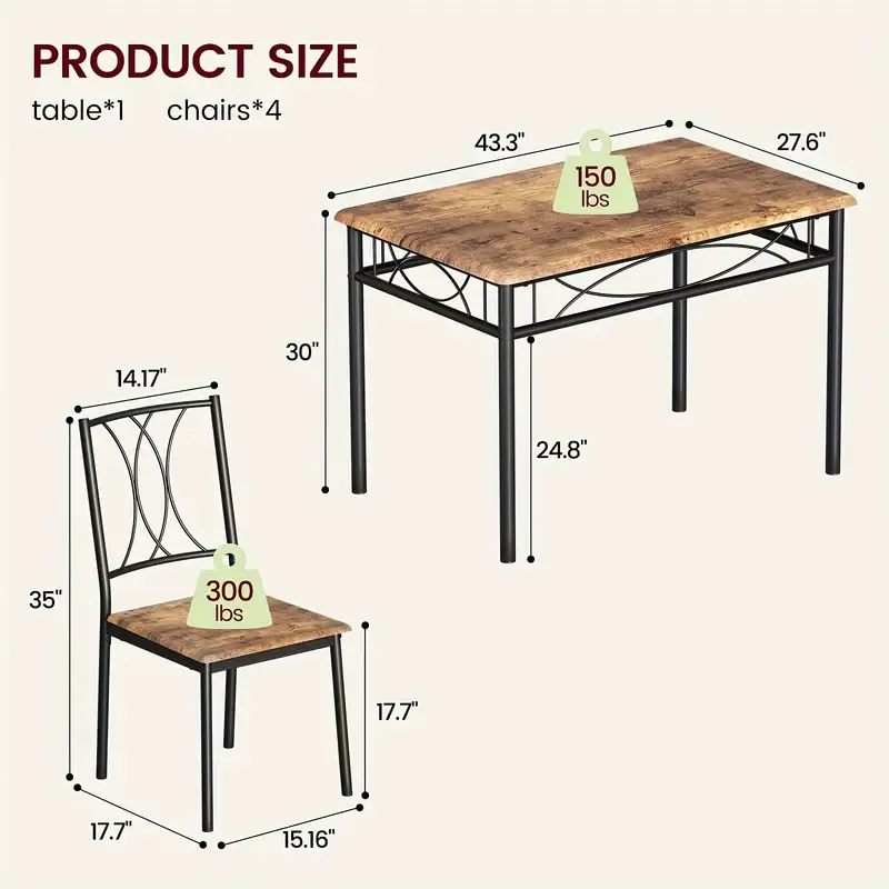 Juego de mesa de comedor para 4 personas, juego de mesa y sillas de comedor de cocina de 5 piezas, juego de muebles de mesa de comedor, adecuado para apartamentos de cocina