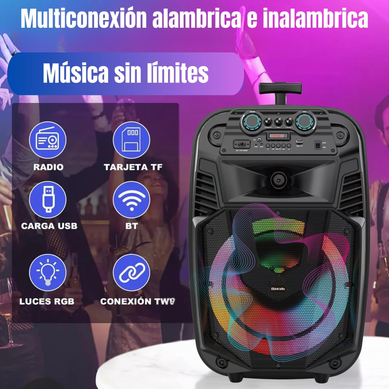 LINK BITS BM15013K Bocina Bluetooth Grande 15 Pulgadas, Recargable Altavoces Speaker Control y micrófono, bafle Super Buffer Karaoke para Fiesta con Luz Led