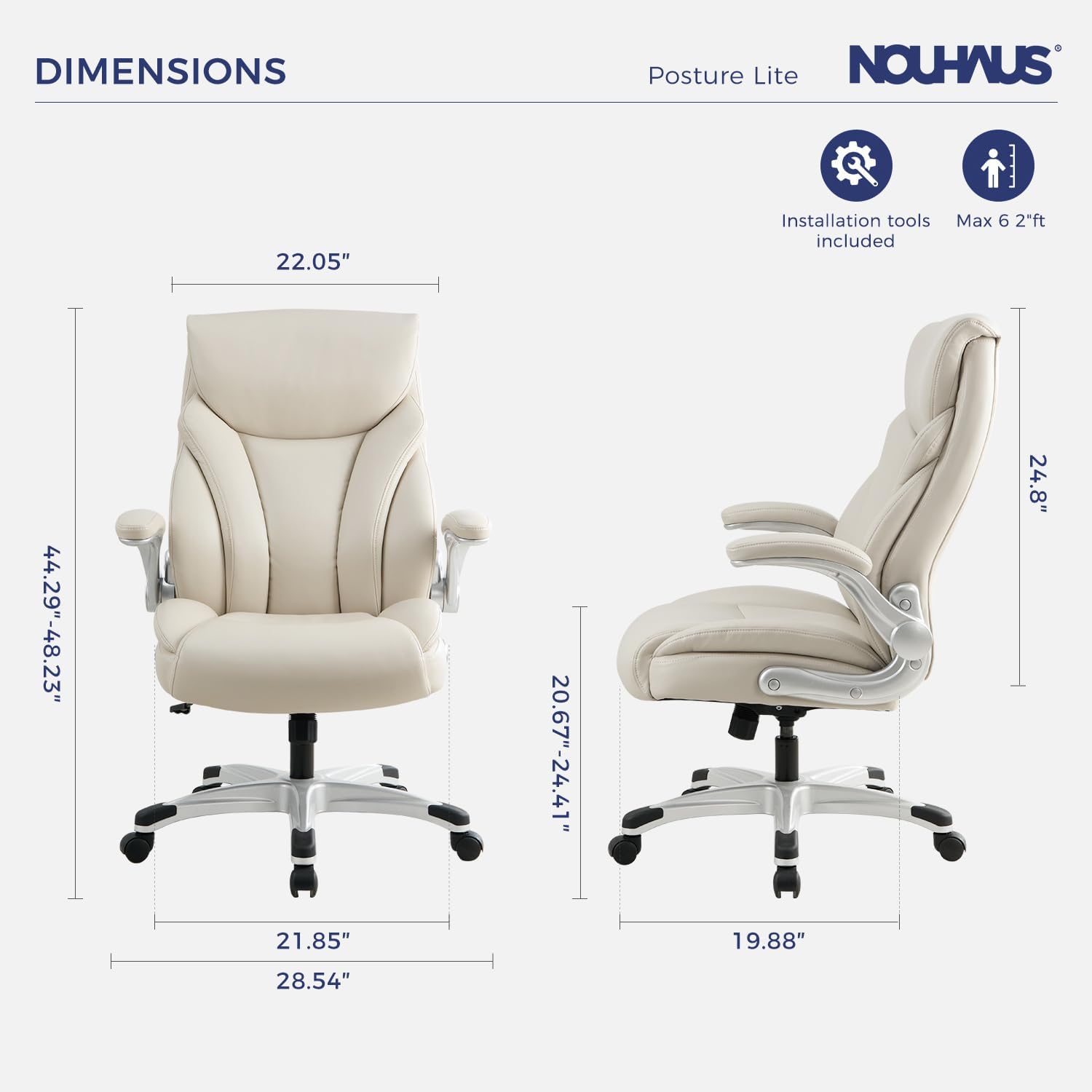 Nouhaus - Silla de oficina grande y alta con soporte lumbar, silla de oficina ergonómica de piel sintético, silla de computadora ejecutiva con reposabrazos ajustables (Posture Lite, blanco)