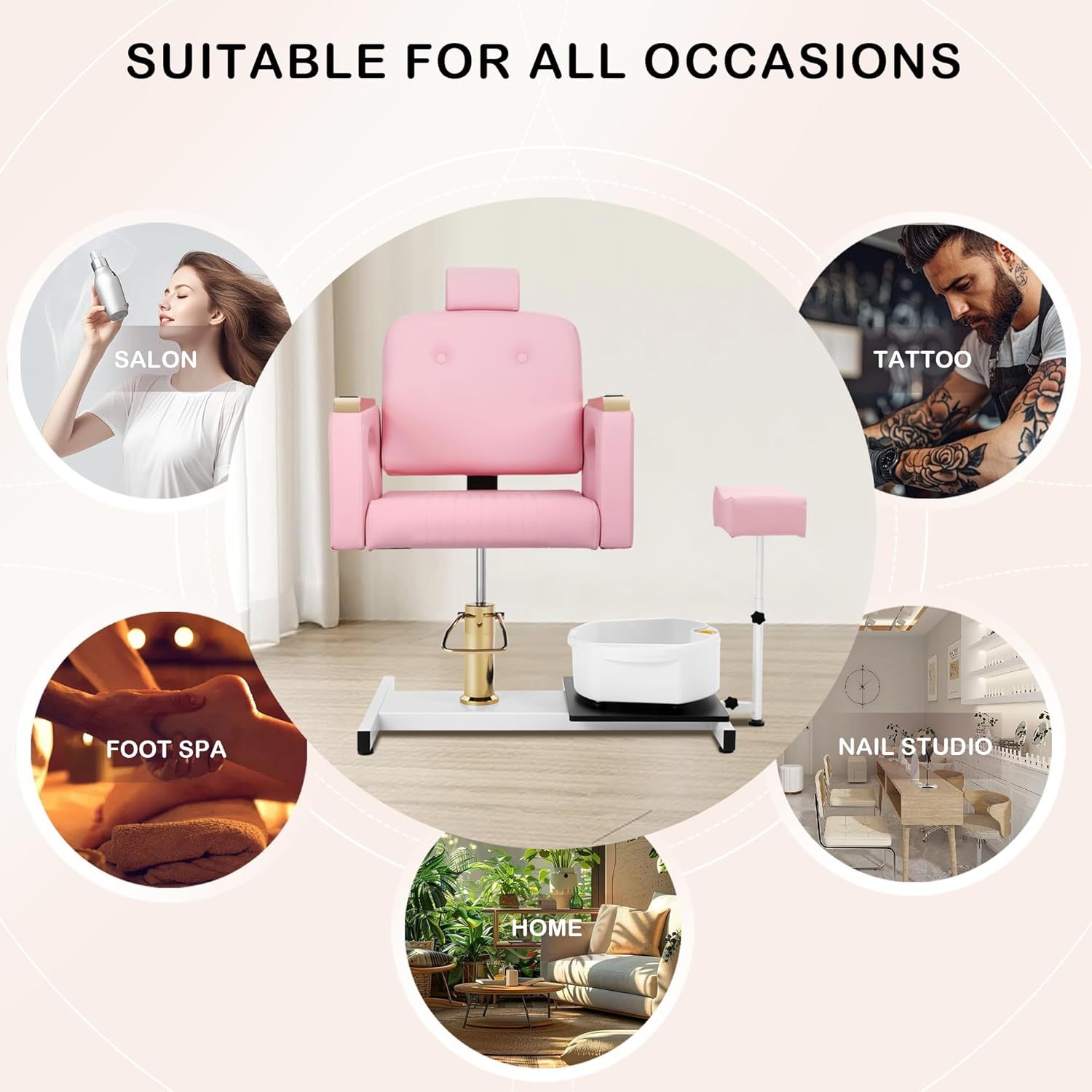 Hicomony - Silla de pedicura de spa rosa sin fontanería para tecnología de uñas, taburete de pedicura rodante, rotación de 360 °, unidad portátil de estación de pedicura de belleza, spa, sala de estar