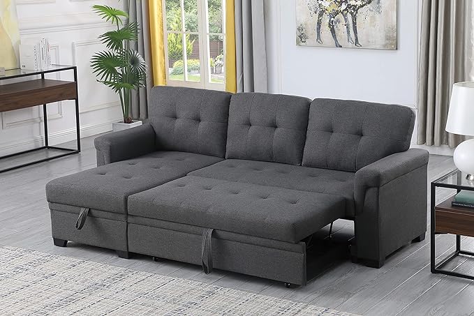 Lilola Home Lucca Sofá seccional Reversible, sillón de Almacenamiento, Cama extraíble, salón en Forma de L, Gris Acero, Lino