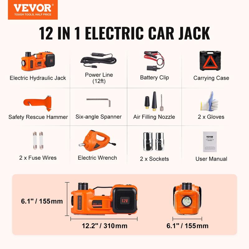 Gato eléctrico para coche, gato hidráulico de 5 toneladas/11023 libras con llave de impacto eléctrica, elevador portátil para coche con bomba de inflado integrada y luz LED para cambio de neumáticos, reparación en garaje de SUV, monovolúmenes, sedanes y c