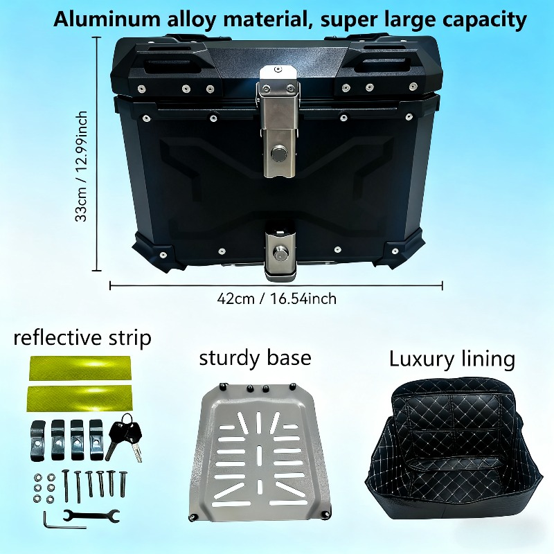 Maletero de motocicleta de gran capacidad de 65L en 3 colores, maleta trasera para motocicleta, baúl de viaje con cerradura de seguridad para almacenamiento de casco y equipaje, material de aleación de aluminio, almacenamiento para casco, caja de almacena