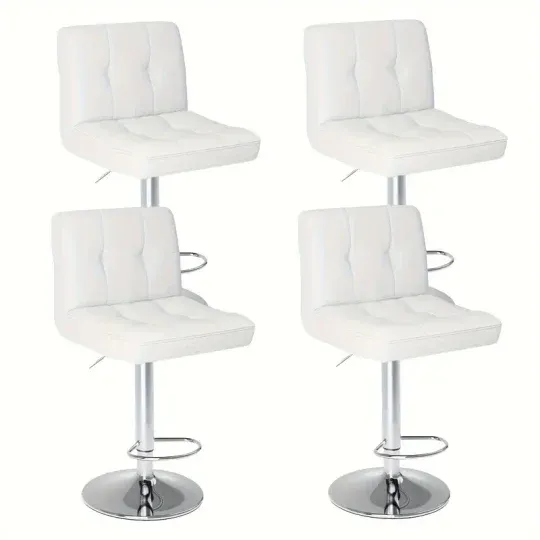 Conjunto de 4 taburetes de bar: Cuero PU de lujo, giratorios y ajustables, taburetes de mostrador de cocina sin brazos con cojín engrosado y respaldo, taburetes de bar de isla hidráulica, negro