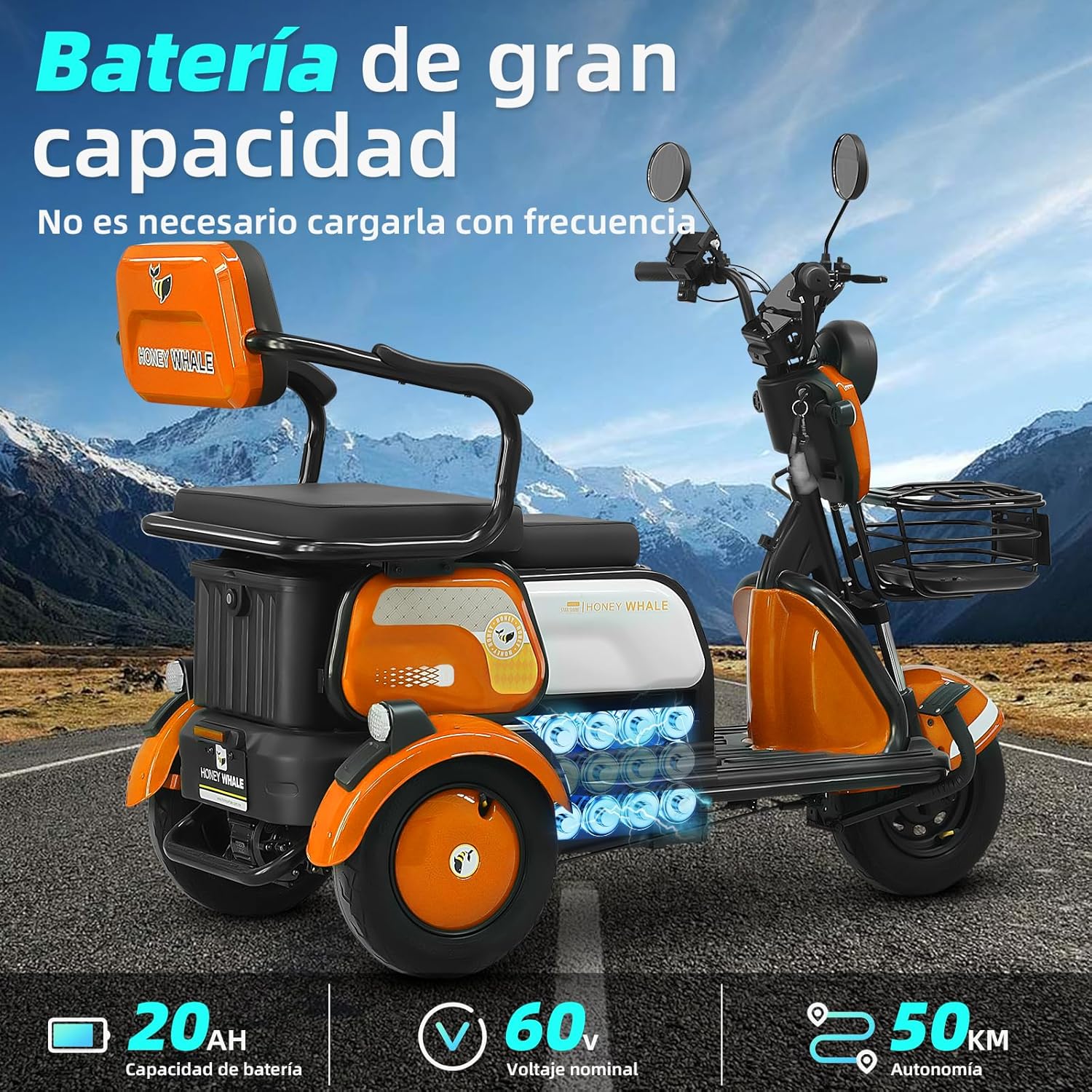 HONEYWHALE V4 Moto Bicicleta Eléctrica para Adultos, Motor de 850W-MAX, Velocidad Máxima 30KM/H, Batería 20AH, Autonomía 50KM, Triciclo Electrico, Viajes en Familia