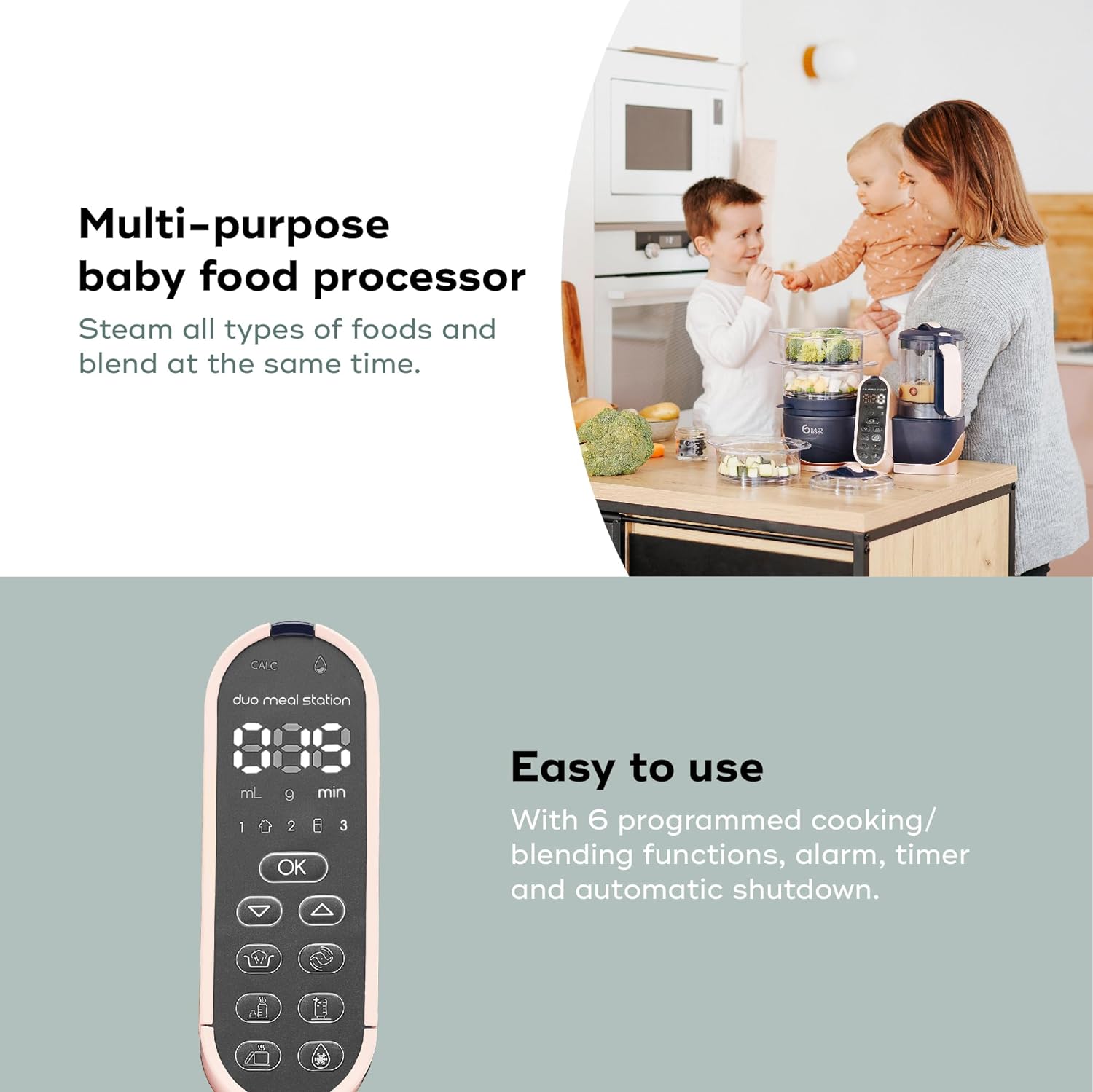 Babymoov Duo Meal 6 en 1: Procesador de Alimentos para Bebés con Vaporizador y Licuadora de Velocidades Múltiples, Calienta y Descongela (Aprobado por Nutricionistas), Gris