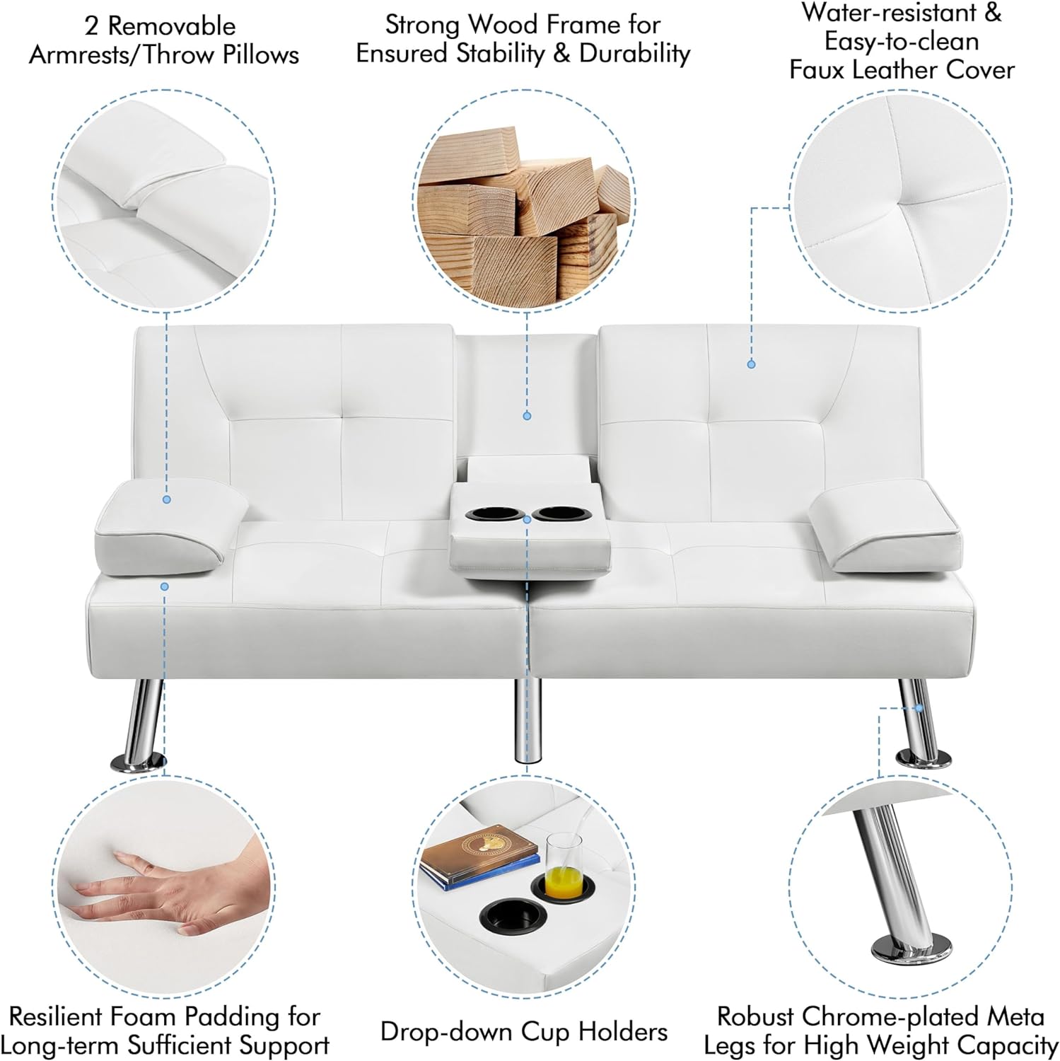 Yaheetech - Sofá Cama Convertible Ajustable, Moderno sillón reclinable de Piel sintético para el hogar, sofá Cama Plegable, Cama de Invitados, reposabrazos extraíbles, portavasos 3 ángulos, Capacidad