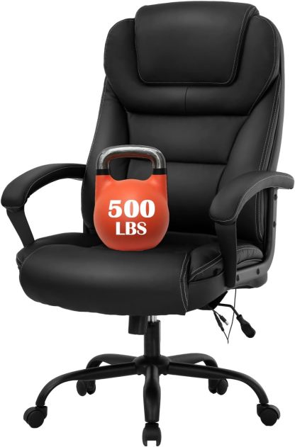 Silla de oficina grande y alta de 500 libras de asiento ancho, silla de computadora ergonómica con brazos de apoyo lumbar, respaldo alto, silla de computadora ejecutiva de piel sintético, para