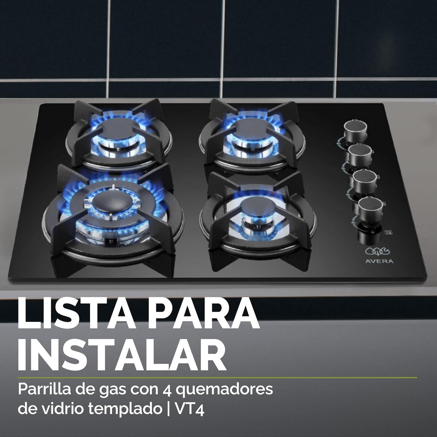 AVERA Combo Parilla y Campana|Parrilla de Gas 4 Quemadores, Vidrio Templado Negro 60cm (Incluye accesorios de Instalación) Encendido Electronico, Estufa Empotrable, para Gas LP y Natural | VT4CEA60N