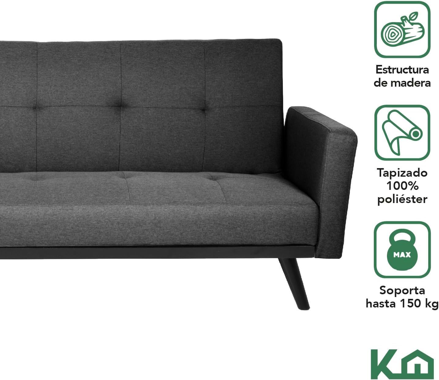 Kingshouse | Sillón Sofá Cama Plegable - Sala Moderna Minimalista - Tapizado Poliéster - Estructura De Madera - Gris Oscuro - 3 Personas - Departamento o Casa