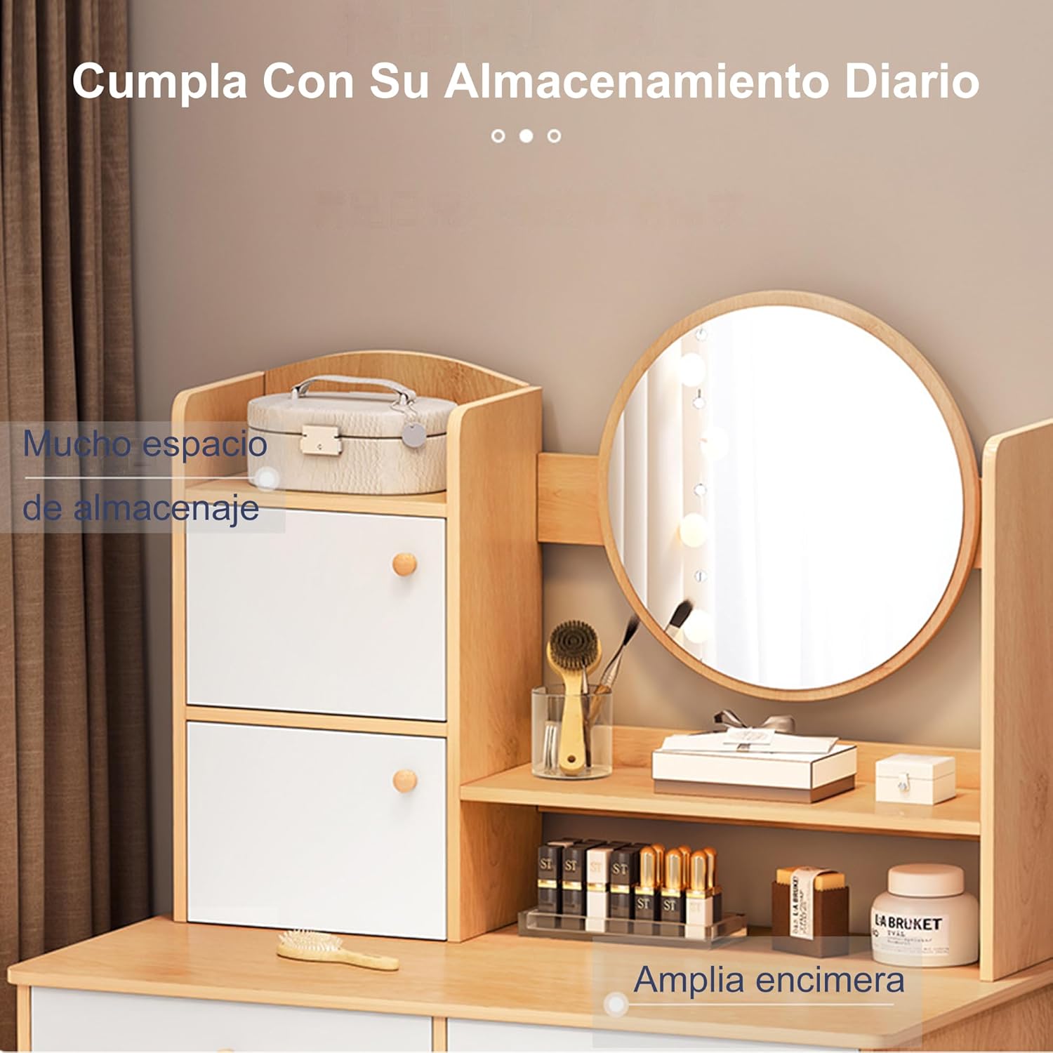 Genérico Tocador con Espejo Iluminado Corredizo, Mesa de Vestidor con Estante Oculto y Taburete Tapizado, Juego de Taburete de Escritorio Tocador De Maquillaje(80cm Ancho x 36cm Fondo x 130cm Alto)