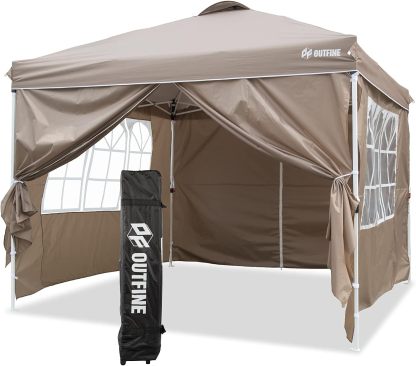 OUTFINE - Toldo desplegable de 10 x 10 pies, para cenador instantáneo, totalmente impermeable, toldos para fiestas al aire última intervensión con 4 paredes laterales extraíbles, estacas x 8, cuerdas x 4 (negro, 10 x 10 pies)