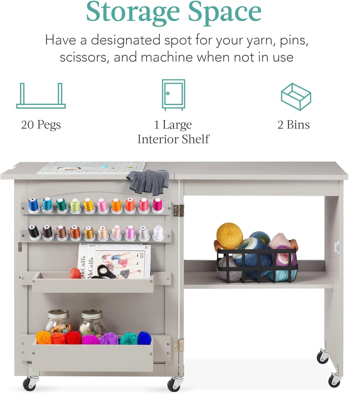 Best Choice Products - Mesa de coser plegable multiusos, estación de manualidades, diseño compacto, ruedas, estantes, almacenamiento, clavijas, puertas magnéticas, pomos de puerta de metal, blanca