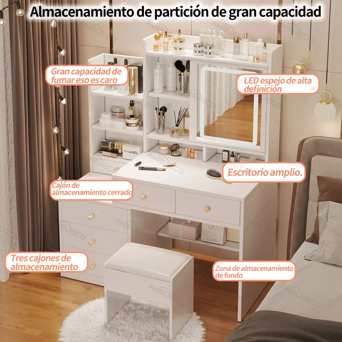 Tocador De Dormitorio Con Sillas Y Espejo De Led Y 6 Cajones 100*40*145 Cm Tocadores De Madera Con Luces Ambueco