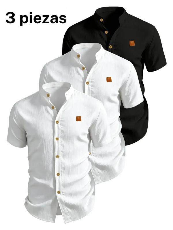 【Plus Size】3pcs Men's Plus Size Summer Short Sleeve Shirts, Lightweight Breathable Solid Color Button-Up Casual Tops with Stand Collar, Casual Attire, Low-Cut Neckline Shirts for Beach, Pool Parties and Vacation (Runs Small, One Size Up Recommended)