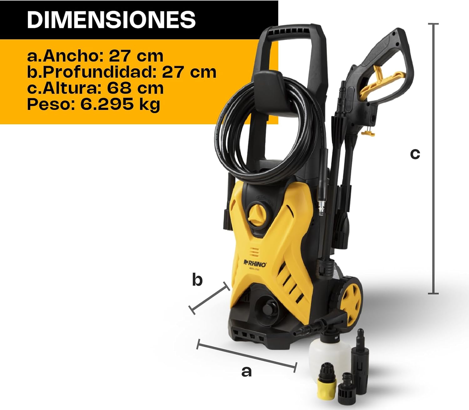 RHINO, Hidrolavadora Eléctrica de Alta Presión 1700 PSI con Potencia de 1,500 W. Cuenta con Ahorro de Agua, Diseño Fácil de Transportar, HIDRA-1700