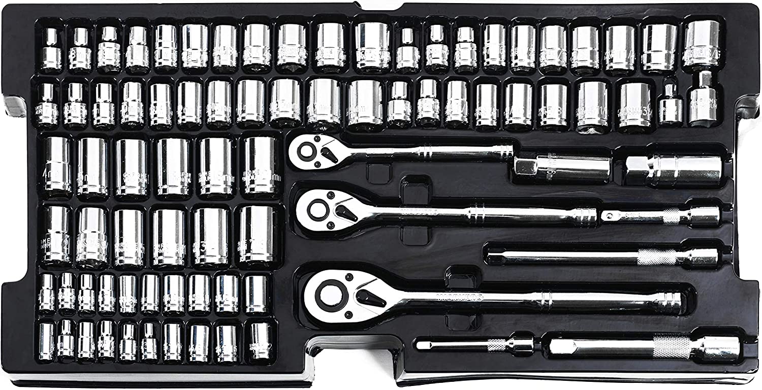WorkPro - W009044A Juego de máquina herramienta de 408 piezas con caja de metal resistente de 3 cajones