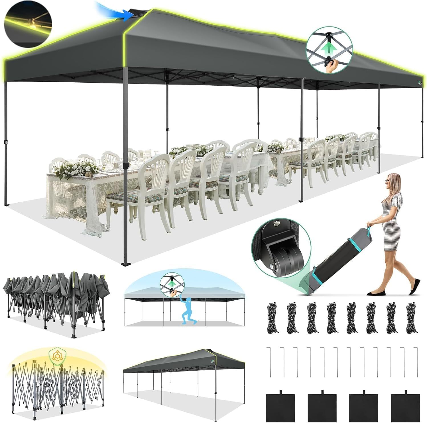 COBIZI - Tienda de campaña desplegable de 10 x 20 Pulgadas, Tienda de campaña instantánea Comercial para Bodas, Fiestas con 3 Altura Ajustable, toldo Ez Up para Exteriores, Impermeable, UPF50+ con