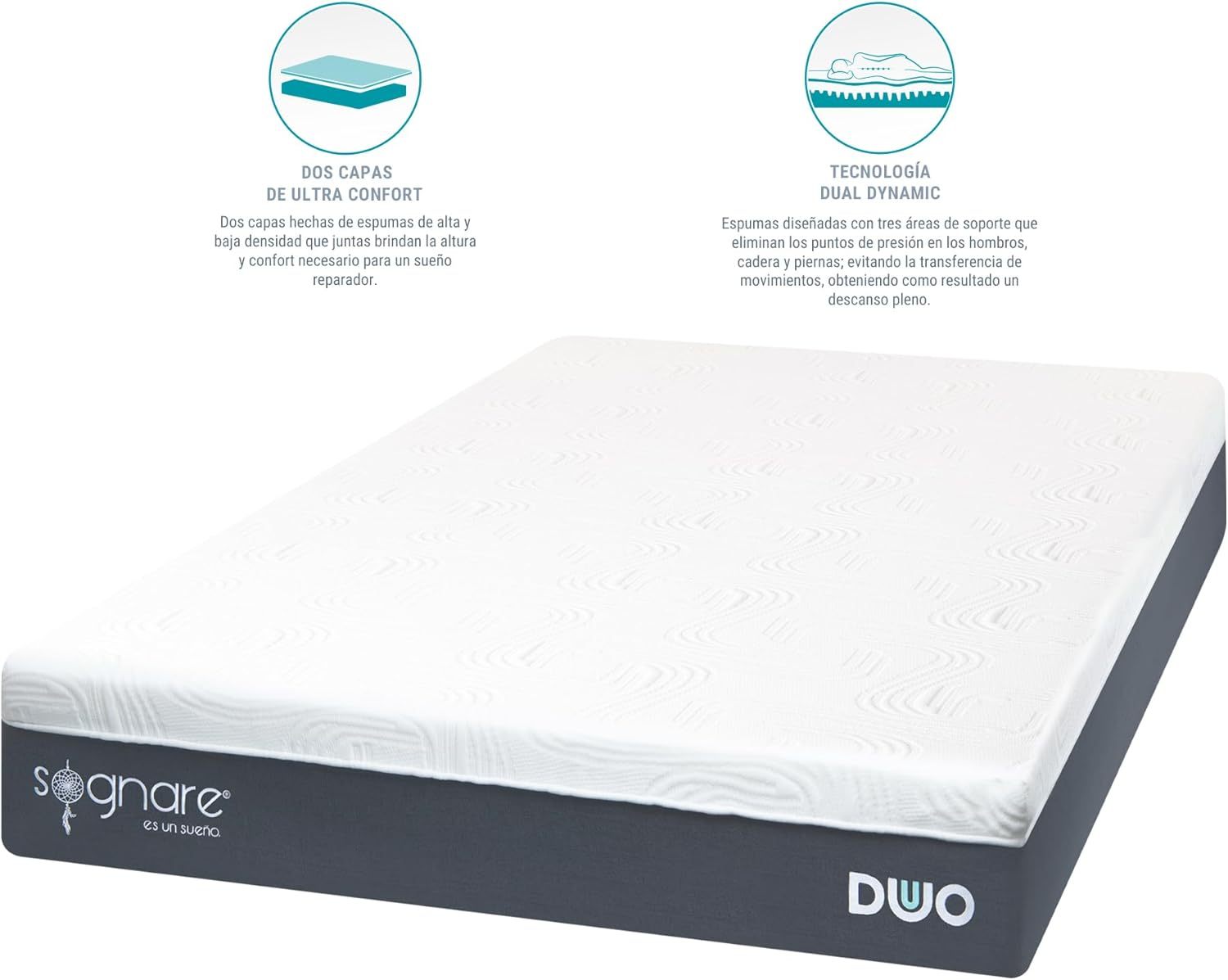 Sognare Duo 2.0 Colchón Tamaño Matrimonial Semi Firme Memory Foam, Funda Hipoalergénica Fácil de Limpiar. 100 Noches de Garantía.
