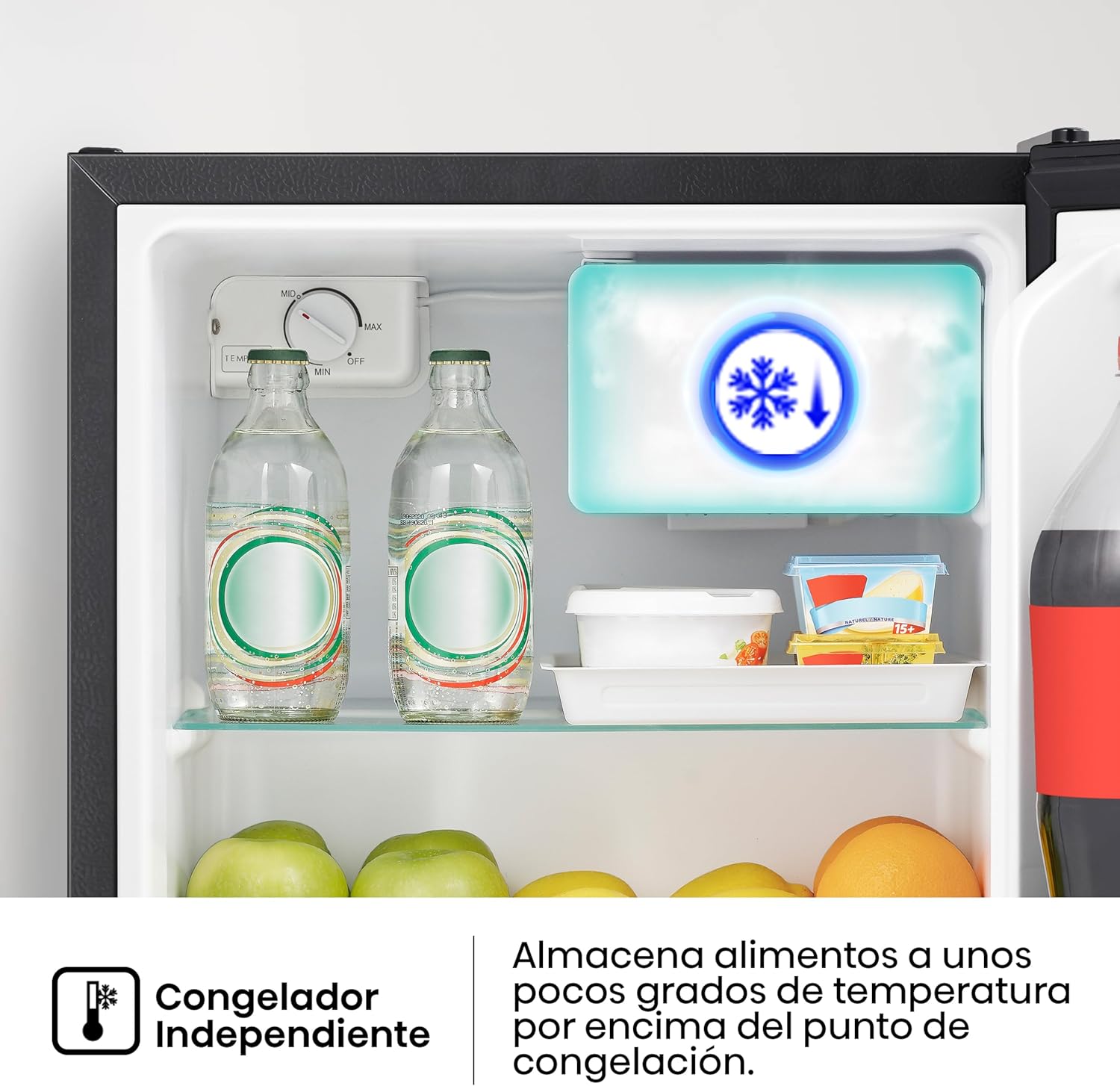 Hisense RR16D6ABX1- Frigobar, 1.6 pies cúbicos, Congelador independiente, Termostato ajustable, Estantes para botellas de 2 litros, 45x47x50cm(AnchoxLargoxAlto), Negro