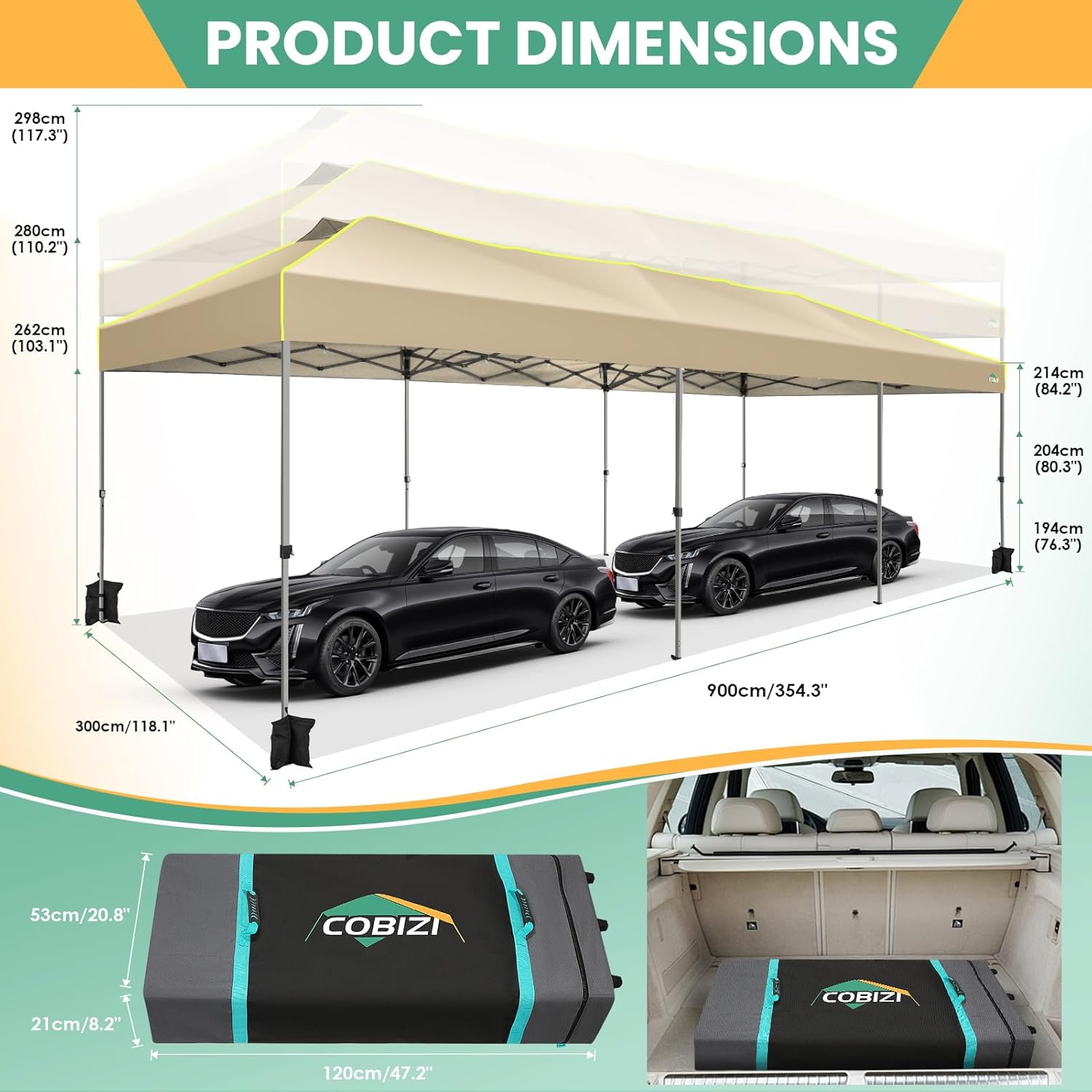COBIZI - Tienda de campaña desplegable de 10 x 20 Pulgadas, Tienda de campaña instantánea Comercial para Bodas, Fiestas con 3 Altura Ajustable, toldo Ez Up para Exteriores, Impermeable, UPF50+ con