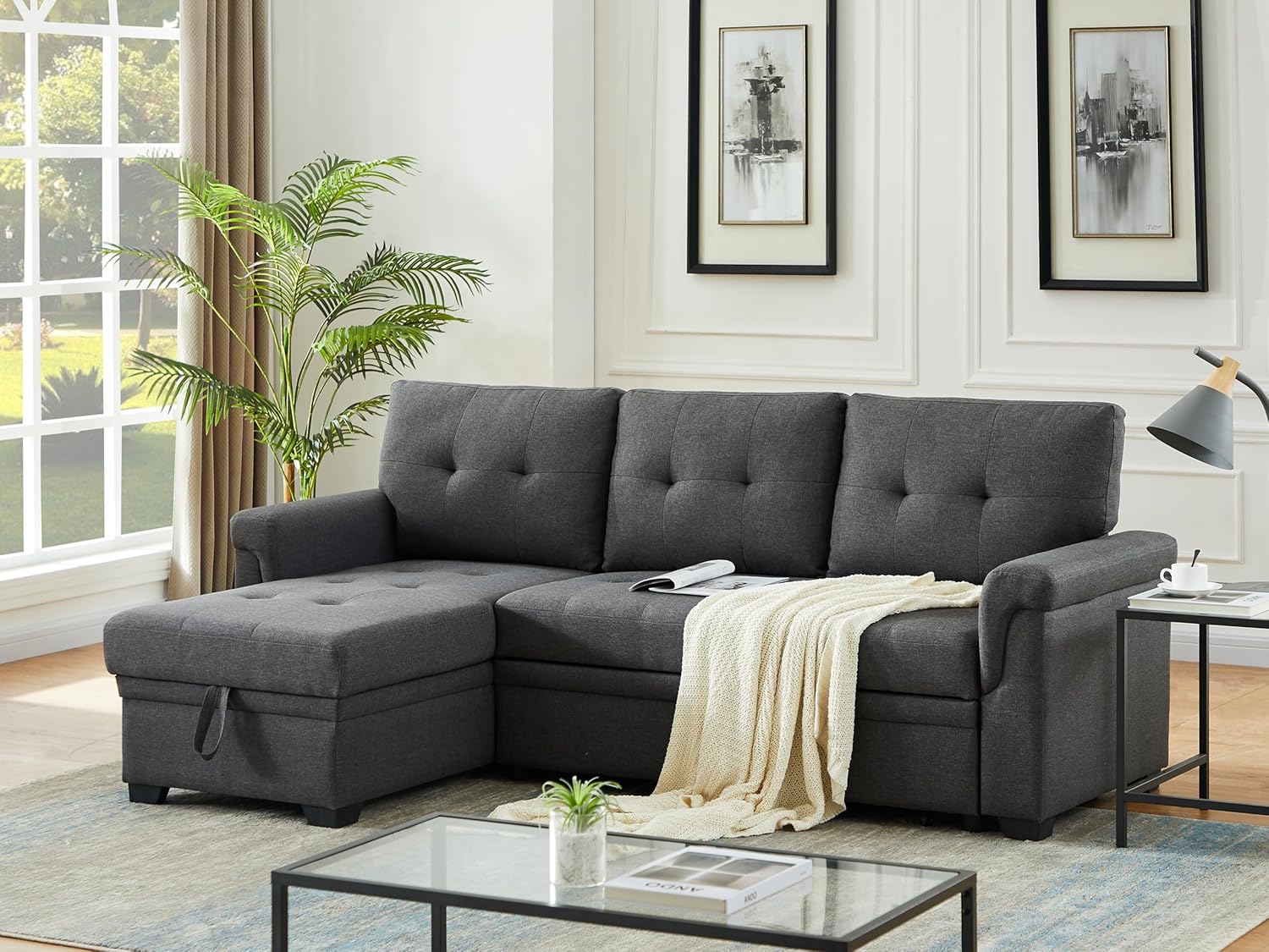 Lilola Home Lucca - Sofá seccional Reversible de Lino Gris Claro con diván de Almacenamiento