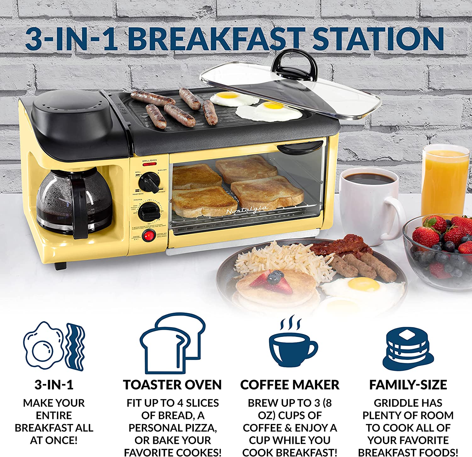 NOSTALGIA BST3RR Retro 3-in-1 Family Size Breakfast Station, Red