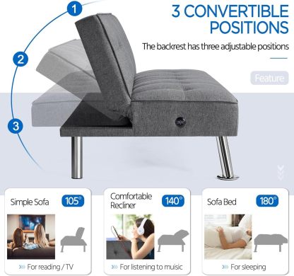 Yaheetech - Sofá Cama Convertible Moderno con 2 Puertos de Carga USB Integrados de Tela, Patas de Metal, 3 ángulos Ajustables para una Vida compacta, Departamento, recámara, habitación Extra Gris