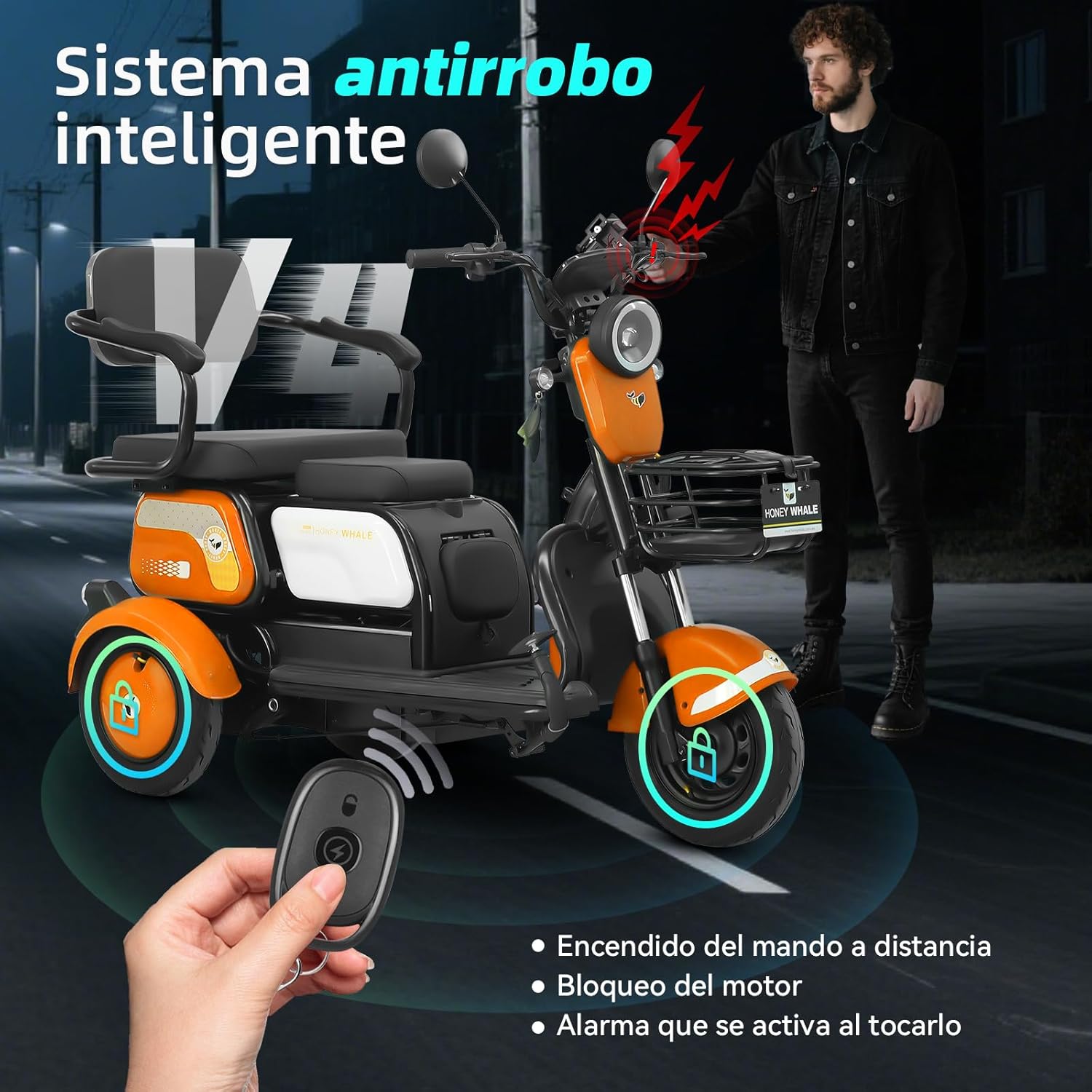 HONEYWHALE V4 Moto Bicicleta Eléctrica para Adultos, Motor de 850W-MAX, Velocidad Máxima 30KM/H, Batería 20AH, Autonomía 50KM, Triciclo Electrico, Viajes en Familia