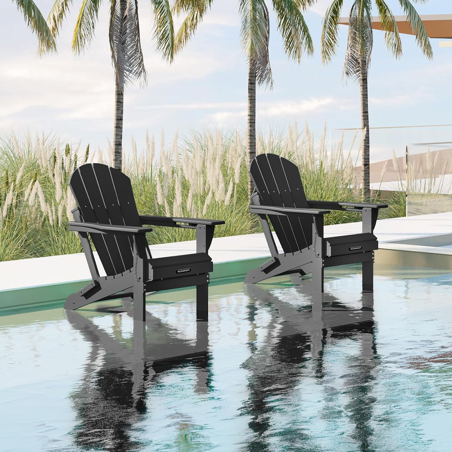 MUCHENGHY Sillas plegables Adirondack, sillas de patio, sillas para hogueras, sillas de exterior, sillas Adirondack de plástico, sillas de césped resistentes a la intemperie con portavasos para terraza, patio trasero, jardín (negro)
