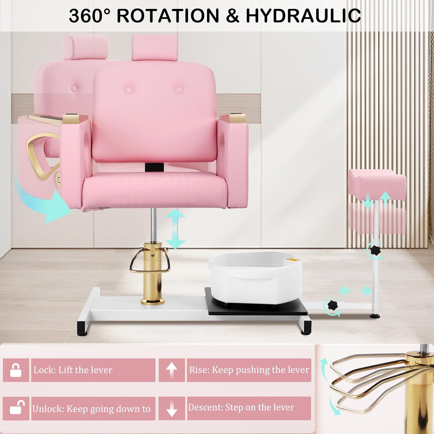 Hicomony - Silla de pedicura de spa rosa sin fontanería para tecnología de uñas, taburete de pedicura rodante, rotación de 360 °, unidad portátil de estación de pedicura de belleza, spa, sala de estar