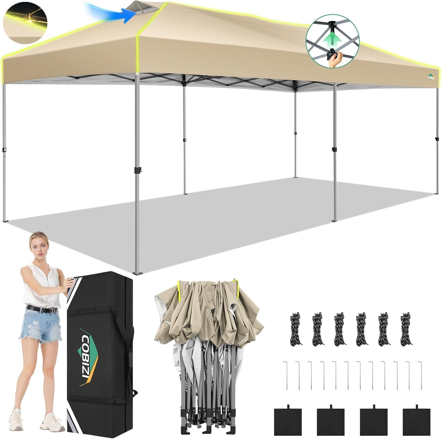 COBIZI - Tienda de campaña desplegable de 10 x 20 Pulgadas, Tienda de campaña instantánea Comercial para Bodas, Fiestas con 3 Altura Ajustable, toldo Ez Up para Exteriores, Impermeable, UPF50+ con